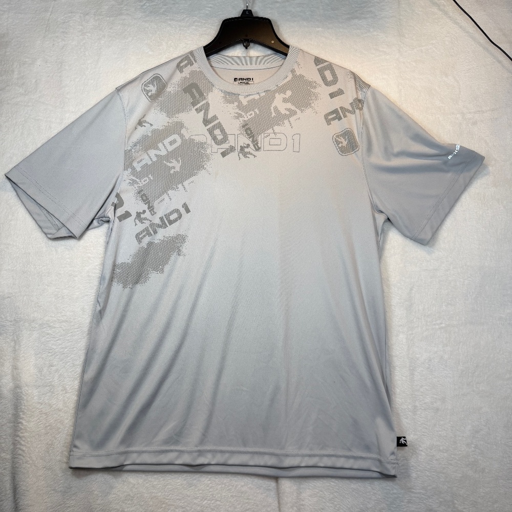 AND1 T-Shirt Mens Size Large Gray All Over Print Performance Athletic 90s